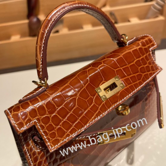 エルメスケリーミニ Kelly bag miniMini Kelly New stock  Alligateor Crocodile ブリュレ 4G /Brulee ゴールド金具 kellymini-097 全手縫い