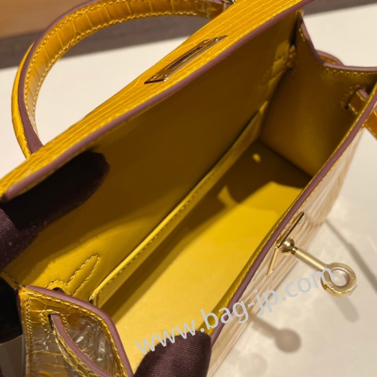 エルメスケリーミニ Kelly bag miniMini Kelly New stock  Alligateor Crocodile ジョーヌアンブル 9D /Jaune Ambre ゴールド金具 kellymini-099 全手縫い