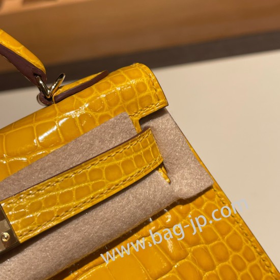 エルメスケリーミニ Kelly bag miniMini Kelly New stock  Alligateor Crocodile ジョーヌアンブル 9D /Jaune Ambre ゴールド金具 kellymini-099 全手縫い