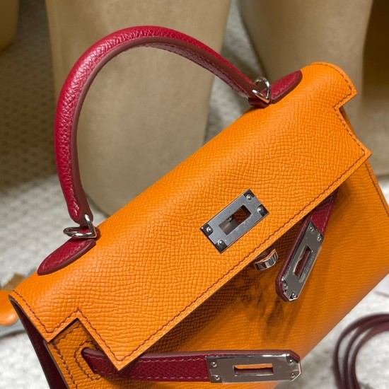 エルメスケリーミニ Kelly mini 20 シルバー金具  93/ Orange オレンジ& K1/ Rouge Grenat ルージュグレナ  ヴォーエプソン Epsom  全手縫い