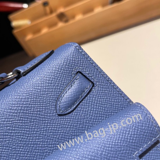 エルメス両面ケリー 不規則なデザイン ヴォーエプソン 7E/Blue Brighton  ブルーブライトン シルバー金具  kelly-new-007 全手縫い