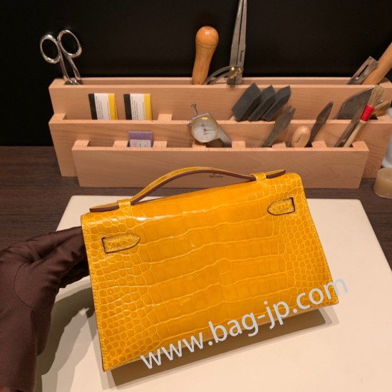 エルメス ポシェットケリー kelly pochette  Alligateor ジョーヌアンブル 9D /Jaune Ambre シルバー金具 Pochette--002 全手縫い