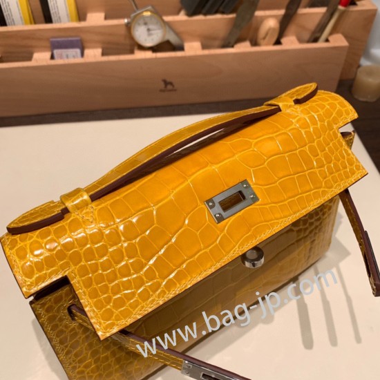 エルメス ポシェットケリー kelly pochette  Alligateor ジョーヌアンブル 9D /Jaune Ambre シルバー金具 Pochette--002 全手縫い