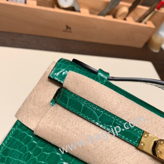 エルメス ポシェットケリー kelly pochette  Crocodile Alligator 6Q/ Vert Emeraude ゴールド金具 Pochette--005 全手縫い