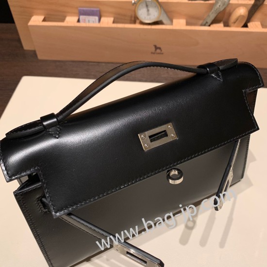 エルメス ポシェットケリー kelly pochette  box ボックスカーフ  ブラック 89/ Black (Noir) シルバー金具 Pochette--007 全手縫い