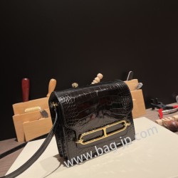 エルメス Roulis 19cm クロコダイル 89/Black (Noir) ブラック ゴールド金具   Roulis-022 全手縫い