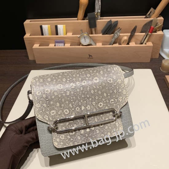 エルメス Roulis 19cm クロコダイル Alligateor & リザードナチュラ 80/Pearl Grey パールグレー x オンブレ シルバー金具  Roulis-025 全手縫い