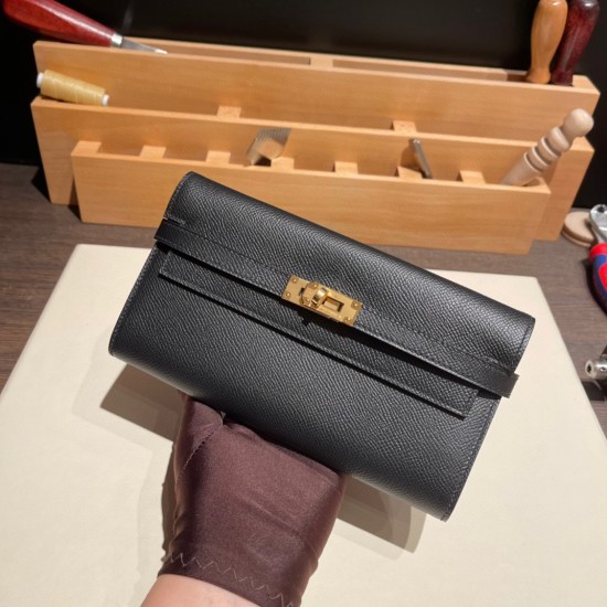 エルメス ケリーウォレット ロング ヴォーエプソン 89/Black (Noir) ブラック ゴールド金具   wallet-002 全手縫い