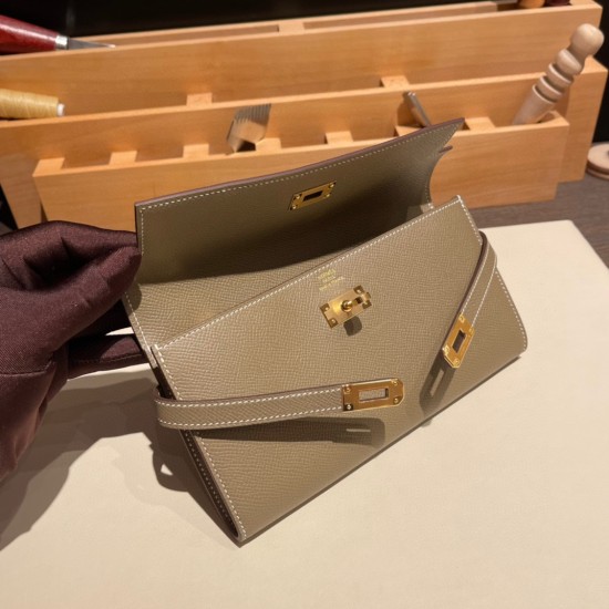 エルメス ケリーウォレット ロング ヴォーエプソン 18/Étoupe Grey (Étoupe)  エトゥープ ゴールド金具   wallet-005 全手縫い