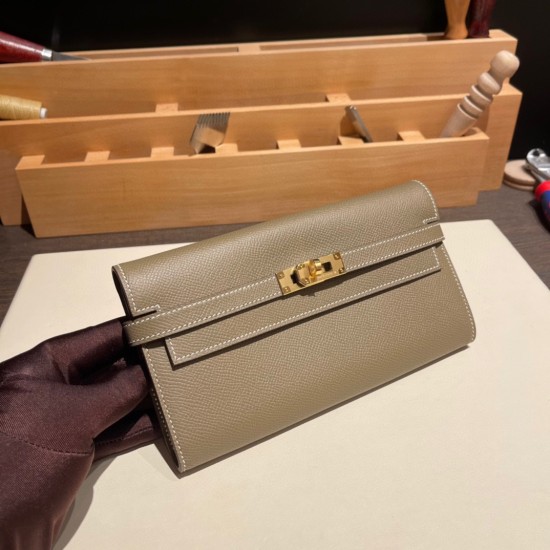 エルメス ケリーウォレット ロング ヴォーエプソン 18/Étoupe Grey (Étoupe)  エトゥープ ゴールド金具   wallet-005 全手縫い