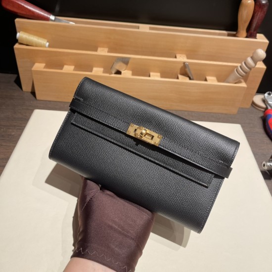 エルメス ケリーウォレット ロング ヴォーエプソン 89/Black (Noir) ブラック ゴールド金具   wallet-010 全手縫い