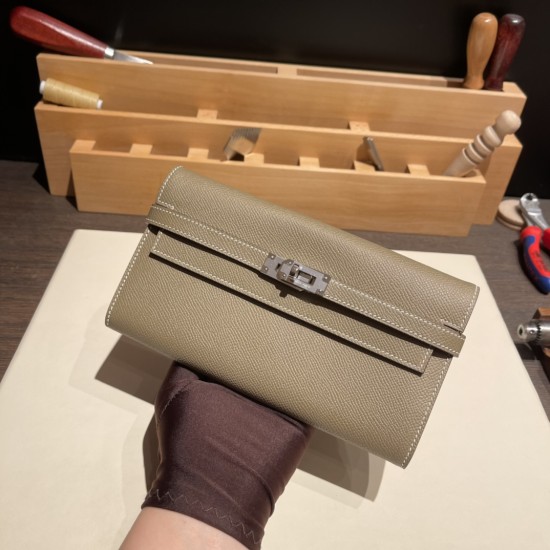 エルメス ケリーウォレット ロング ヴォーエプソン 18/Étoupe Grey (Étoupe)  エトゥープ シルバー金具  wallet-011 全手縫い